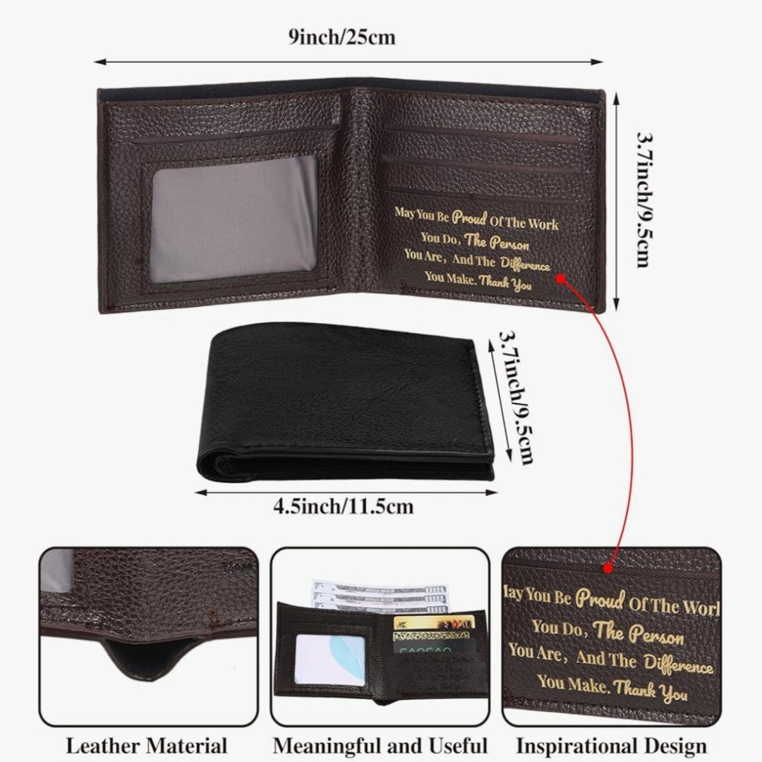 Black leather wallet with engraved text, shown with measurements and material details.